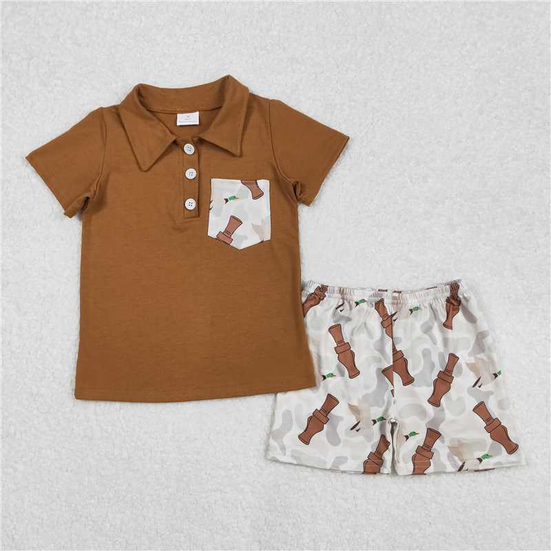 7.14  RTS NO MOQ Short sleeves polo shirt camo duck call shorts boys clothes rompers
