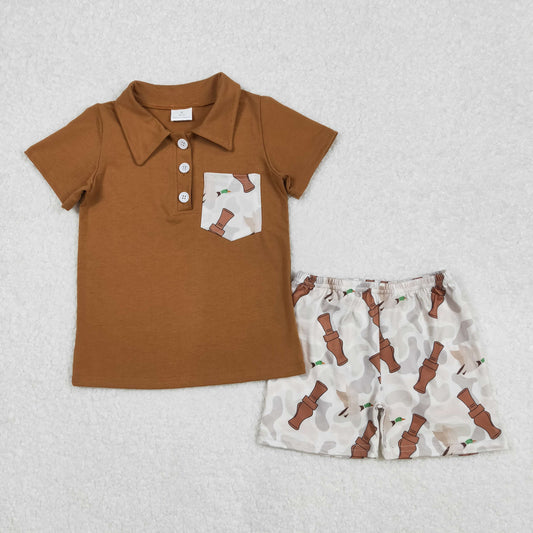 BSSO1206Boys Camouflage Polo Shirt with Short Sleeves And Duck Call Print Matching Shorts Set Casual Kids' Outfit