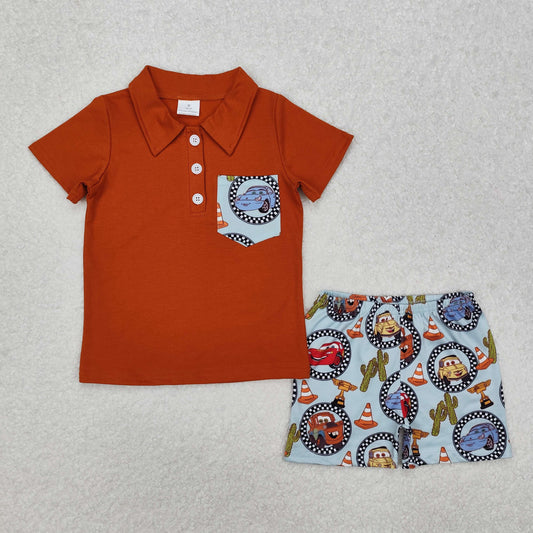 BSSO1210Brown cars pocket polo shirt cactus shorts boys clothes