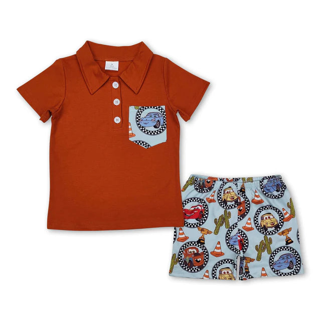 RTS Sibling Brown cars pocket polo shirt cactus shorts boys clothes