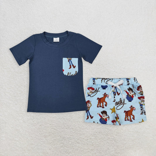 BSSO1213RTS NO MOQ Kids Boys Short Sleeve Pocket Top 'Howdy Toy' Shorts Set Casual Clothing Outfit