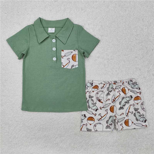 BSSO1216Baby Boys Green Short Sleeves Button Down Pocket Top Fishing Shorts Western Set