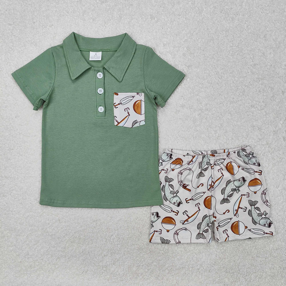 12.25 RTS Sibling Baby Boys Green Pocket Shirts Fishing Rompers Sets