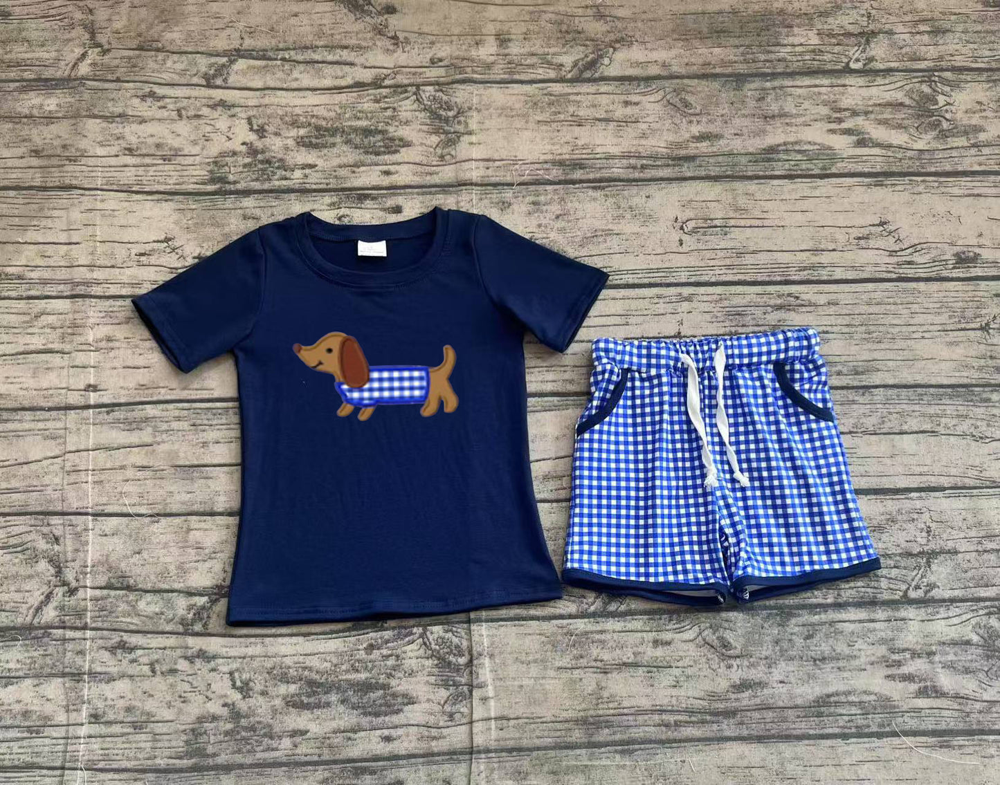 BSSO1227Boys Summer Plaid Shorts Navy Dog Top Matching Outfit Boys' Summer Clothing Set