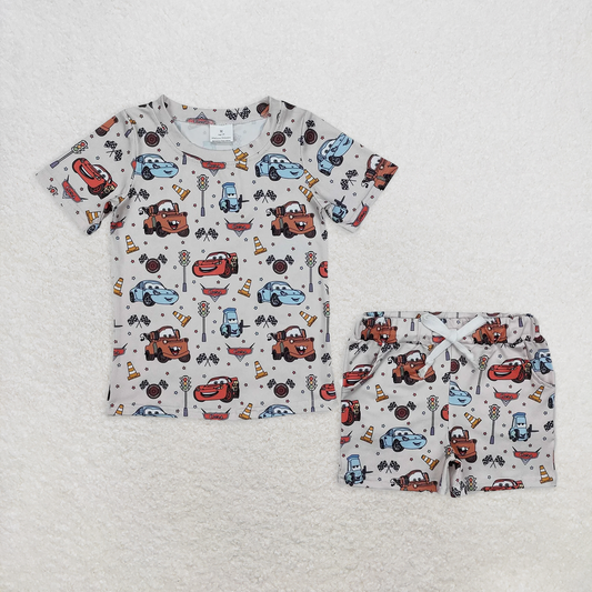 BSSO1233RTS NO MOQ Baby Boys Summer Pajamas OutfitsShort sleeves cars plaid flag kids boys pajamas