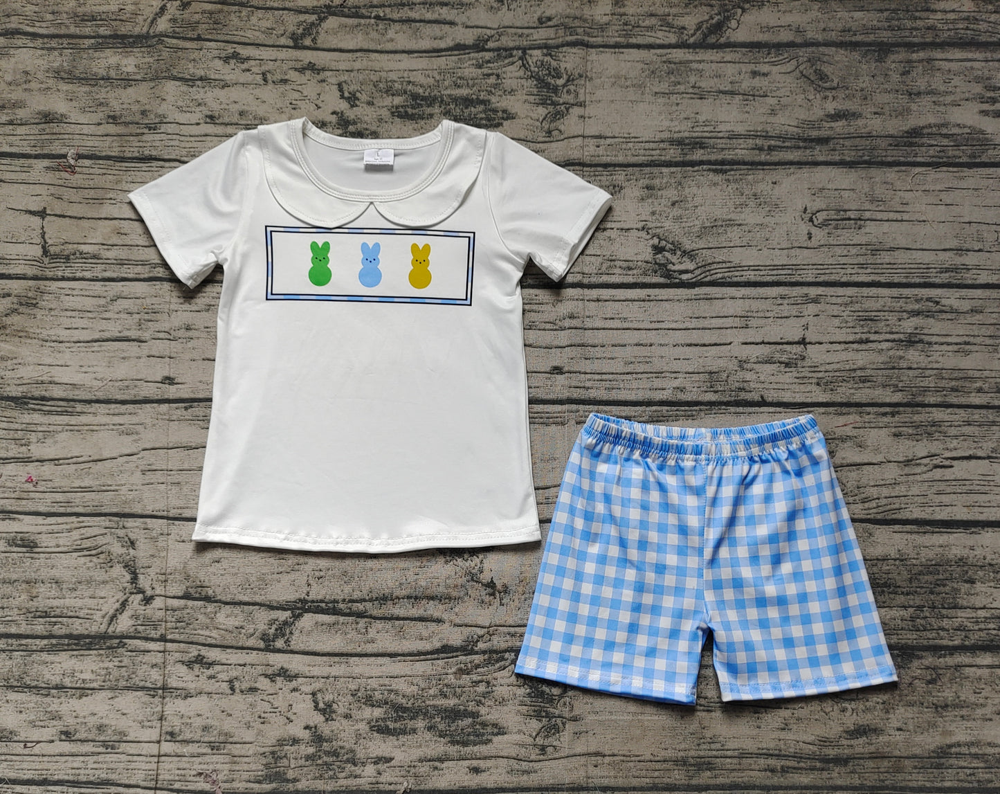 BSSO1243Boys White Bunny Short Sleeve Top Plaid Shorts Set Easter Themed Outfit for Kids