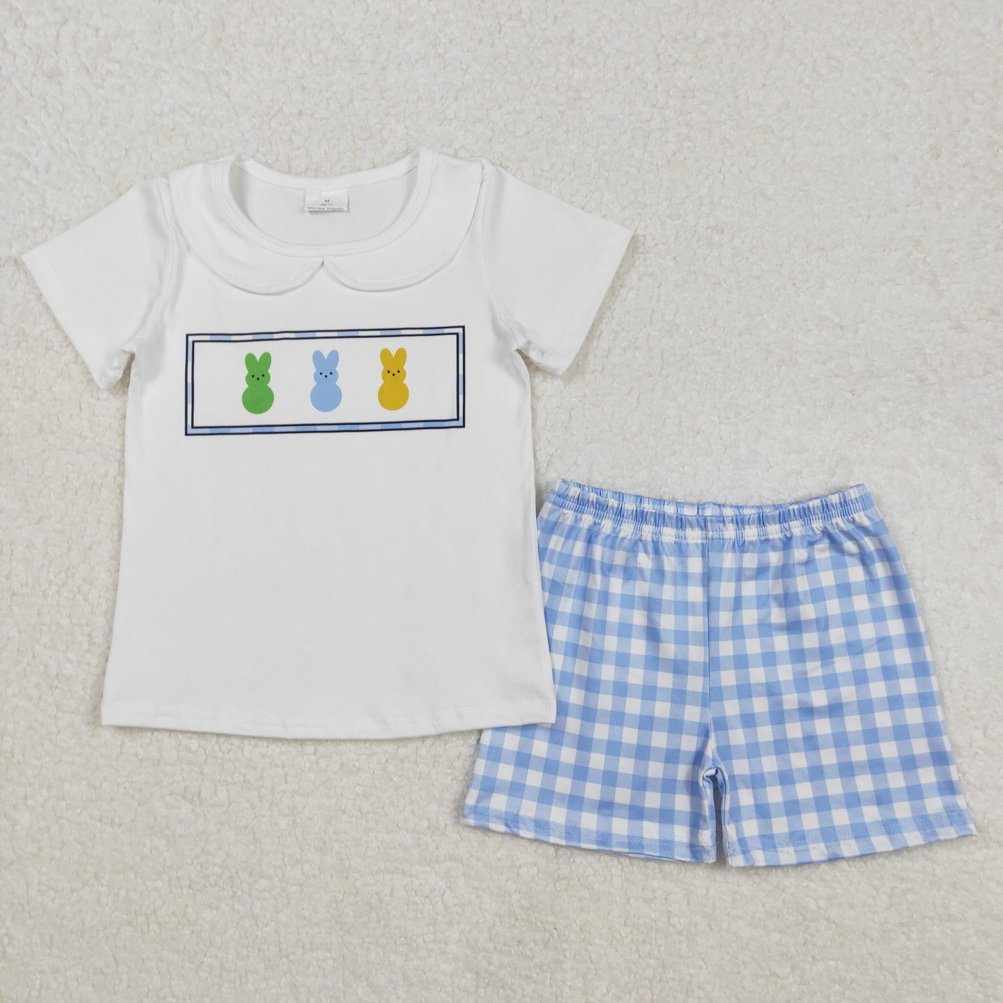 BSSO1243Charming Boys' Easter Attire - White Bunny Print Short Sleeve Top and Plaid Shorts