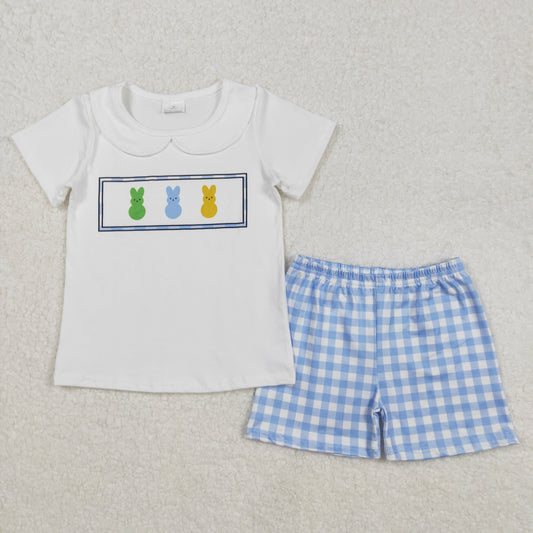 BSSO1243Charming Boys' Easter Attire - White Bunny Print Short Sleeve Top and Plaid Shorts