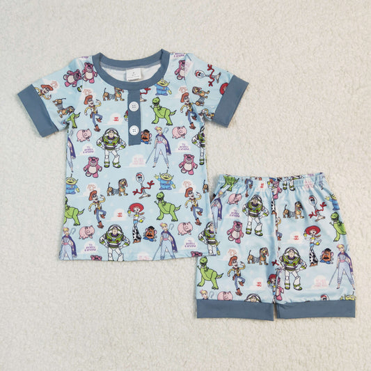 BSSO1247Boys’ Fashionable Blue Short Sleeve Bear Toy Pajamas for Summer Nights
