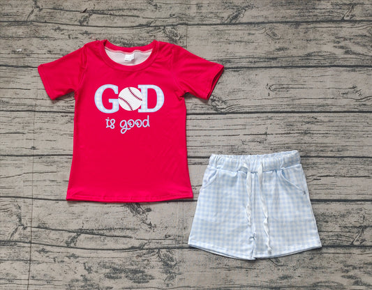BSSO1248Kids Boys’ Red Baseball Top and Plaid Shorts - A Sporty and Stylish Choice