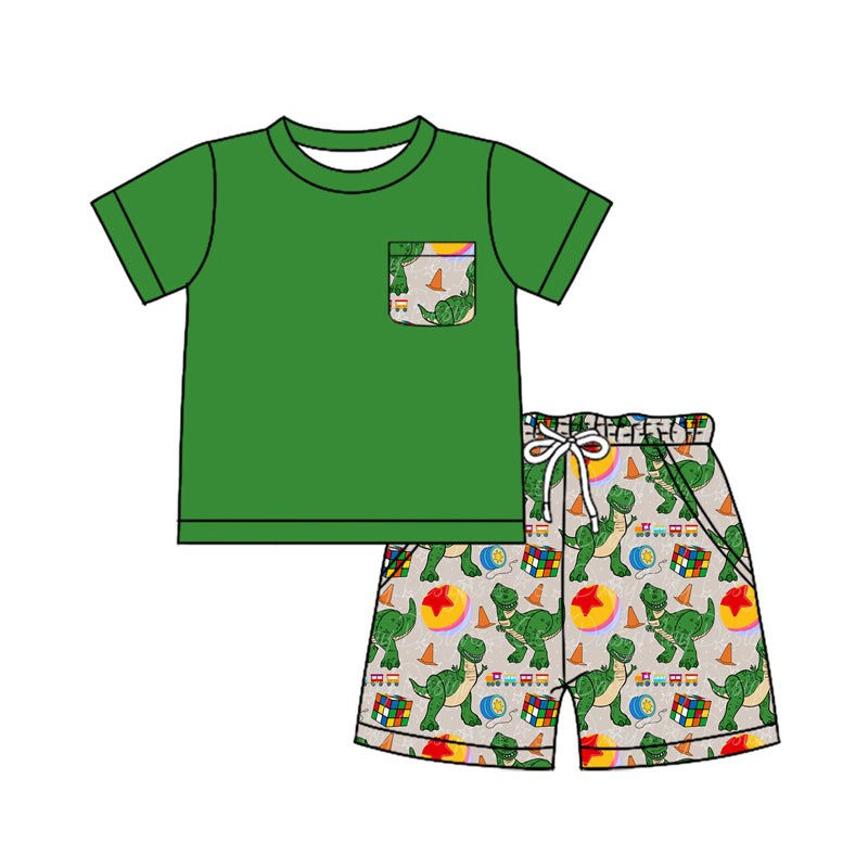FLOWERSGreen ruffle short sleeves dinosaur girls summer pajamas