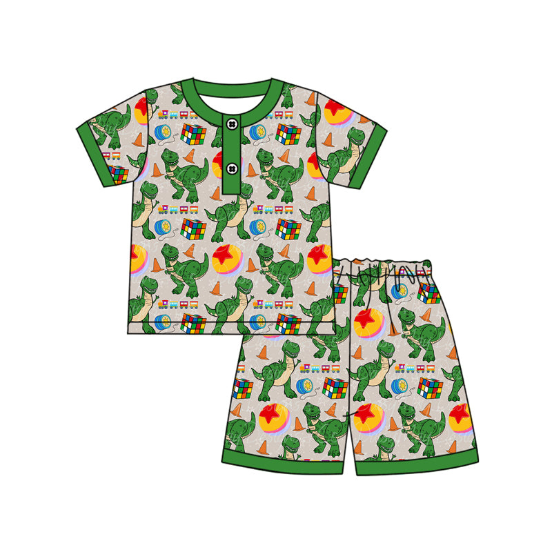 FLOWERSGreen ruffle short sleeves dinosaur girls summer pajamas