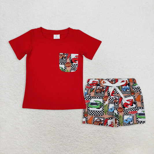 BSSO1256RTS NO MOQ Baby Boys Summer Boys Outfits Baby Boys Red Short Sleeves Pocket Top Cartoon Cars Shorts Set