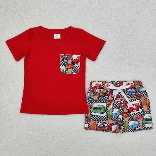 BSSO1256RTS NO MOQ Baby Boys Summer Boys Outfits Red Short Sleeve Pocket Top with Car Print Boys Shorts Outfit Set Casual Kids Clothing