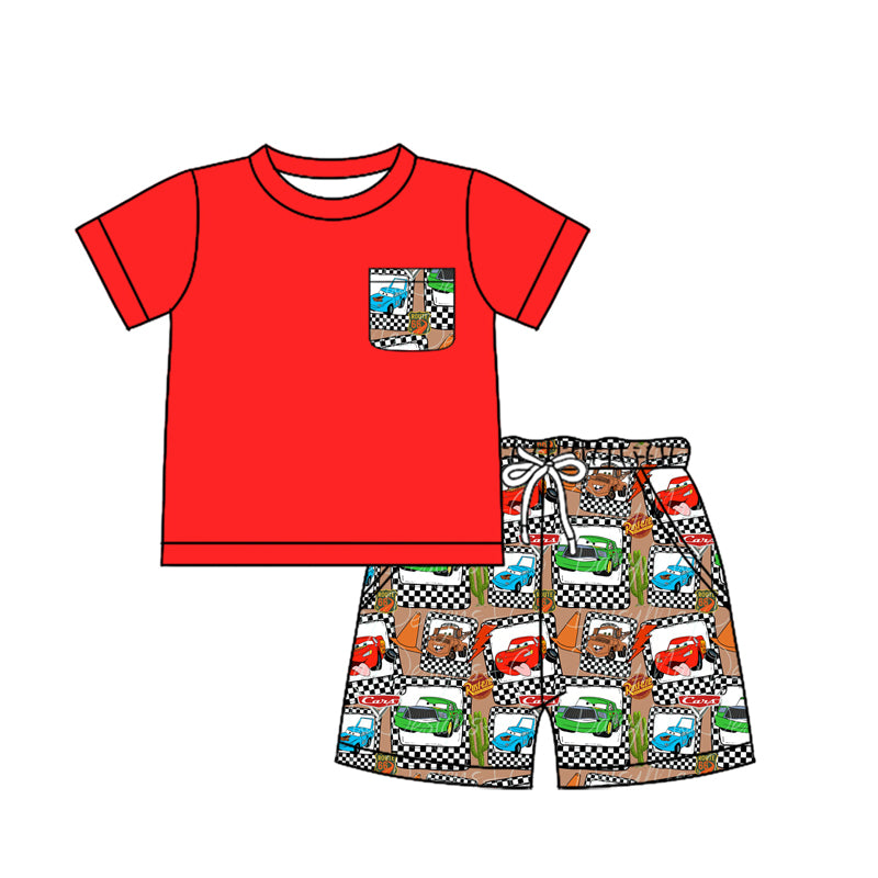 Red short sleeves pocket top cars shorts boys clothes