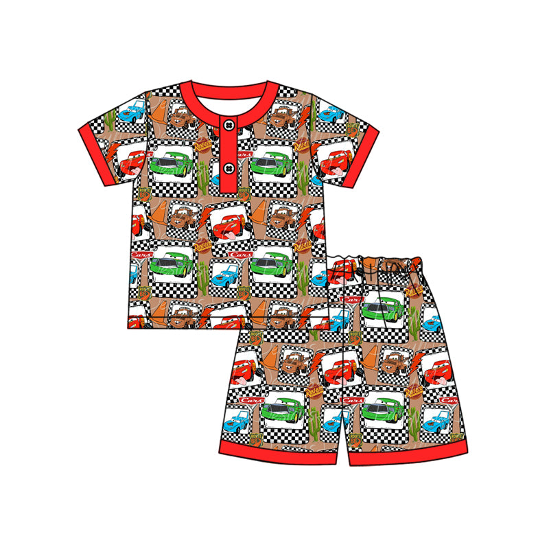 Red short sleeves pocket top cars shorts boys clothes