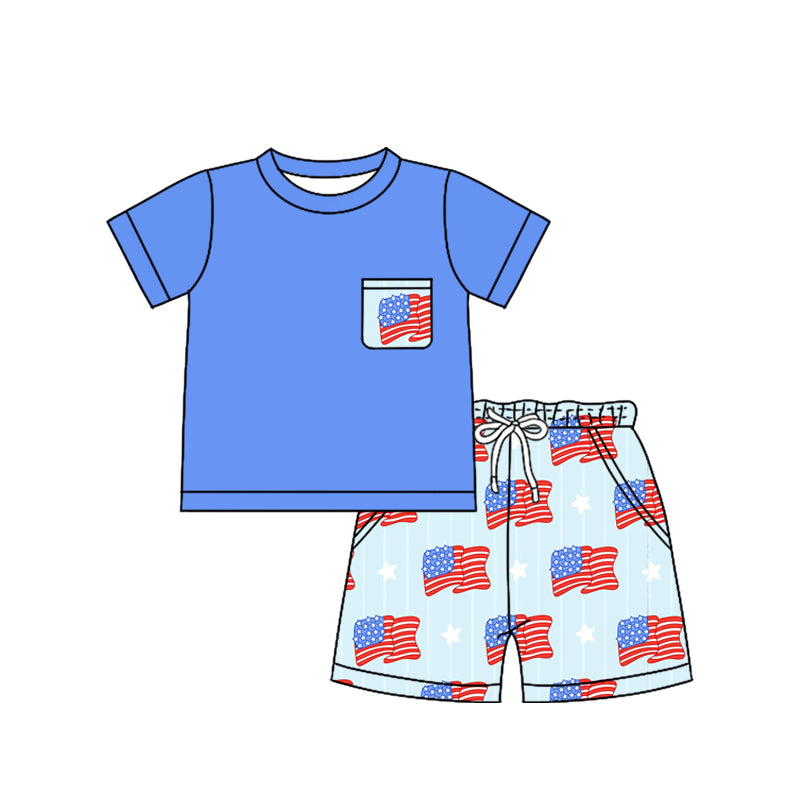 Short sleeves flag stars top shorts boys 4th of july pajamas