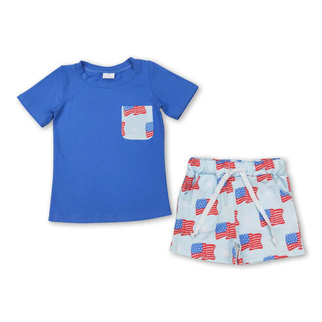 RTS Sibling Blue  top stripe shorts boys 4th of july outfits