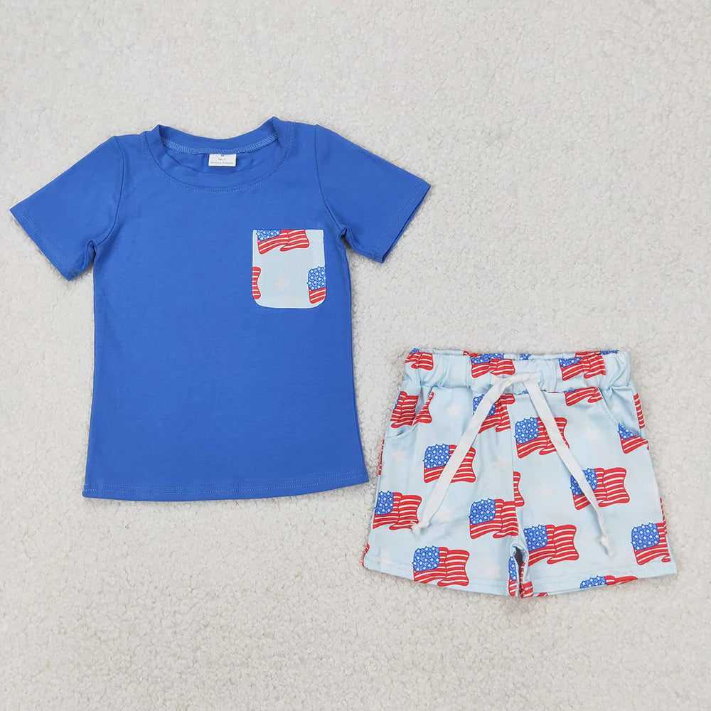 11.14 RTS 2 Colors Sibling Baby Boys 4th of July Flags Pocket Shirts Shorts Outfits