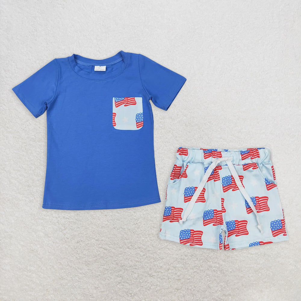 8.11  RTS NO MOQ Blue short sleeves top flag stars shorts boys 4th of july outfits dress
