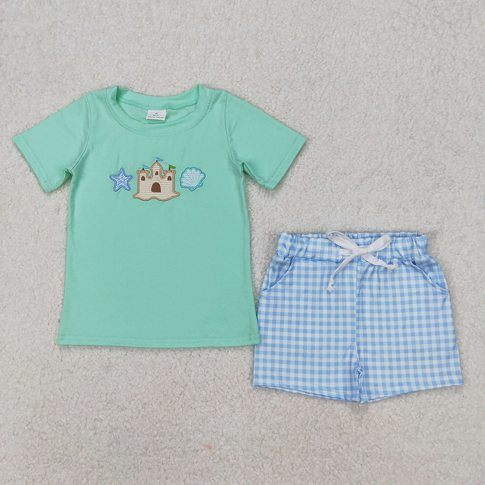 BSSO1266 RTS NO MOQ Starfish shell castle top plaid shorts boys kids clothes