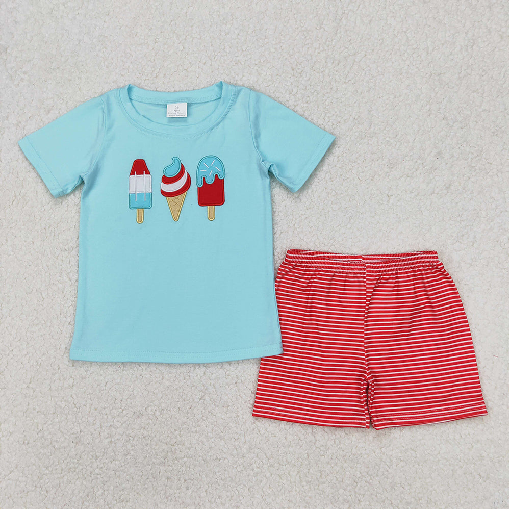 4.18 RTS NO MOQ Red Stripe Popsicle Top Shorts Set for Boys 4th of July Patriotic Outfit Kids American Flag Clothing