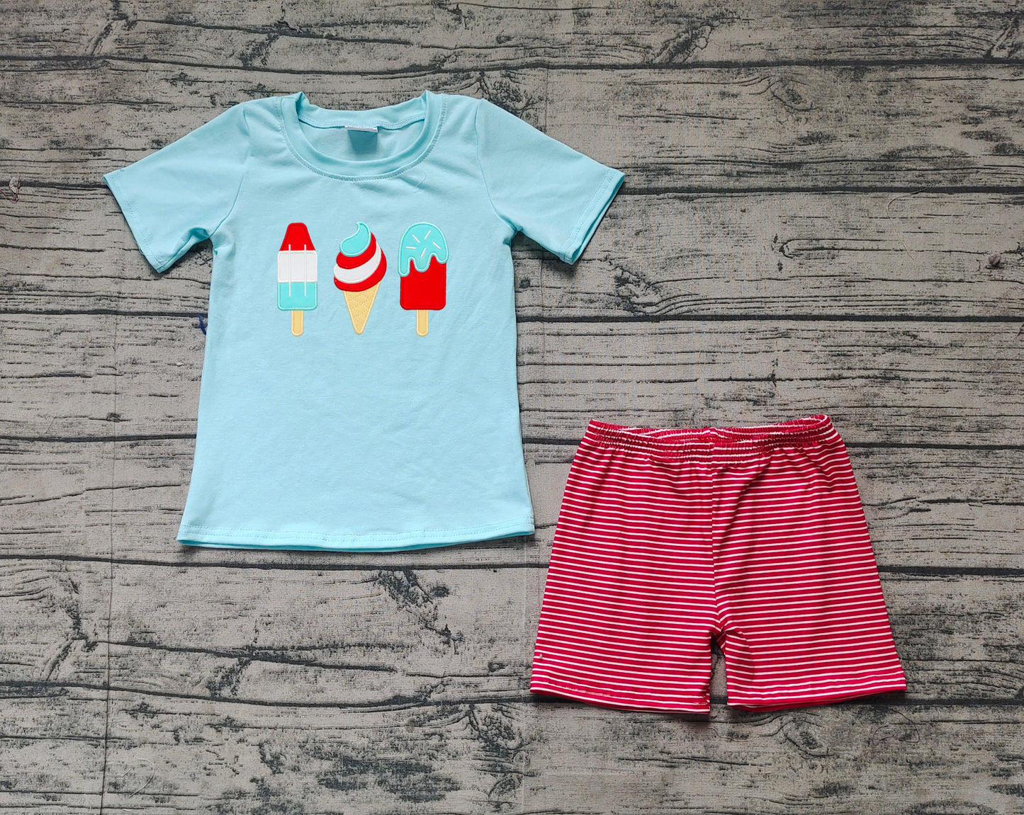 BSSO1269Boys 4th of July Popsicle Short Sleeve Top And Stripe Shorts Set Red White And Blue Outfit for Kids