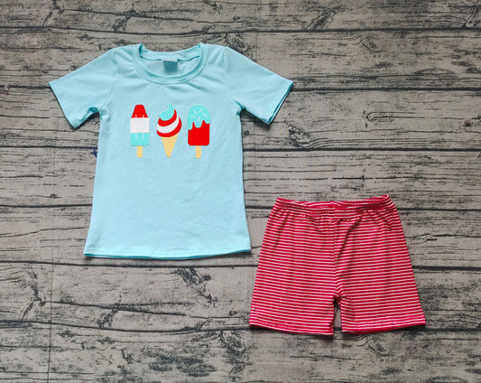 BSSO1269Boys 4th of July Popsicle Short Sleeve Top And Stripe Shorts Set Red White And Blue Outfit for Kids