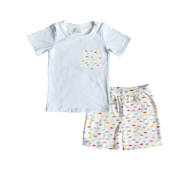 Sleeveless colorful fish tunic light blue shorts girls clothes