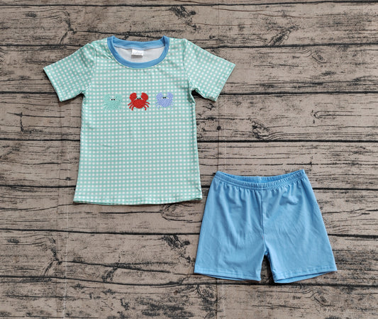 BSSO1279Boys Plaid Crab Print Summer Clothes Set Short Sleeve Top And Shorts Outfit