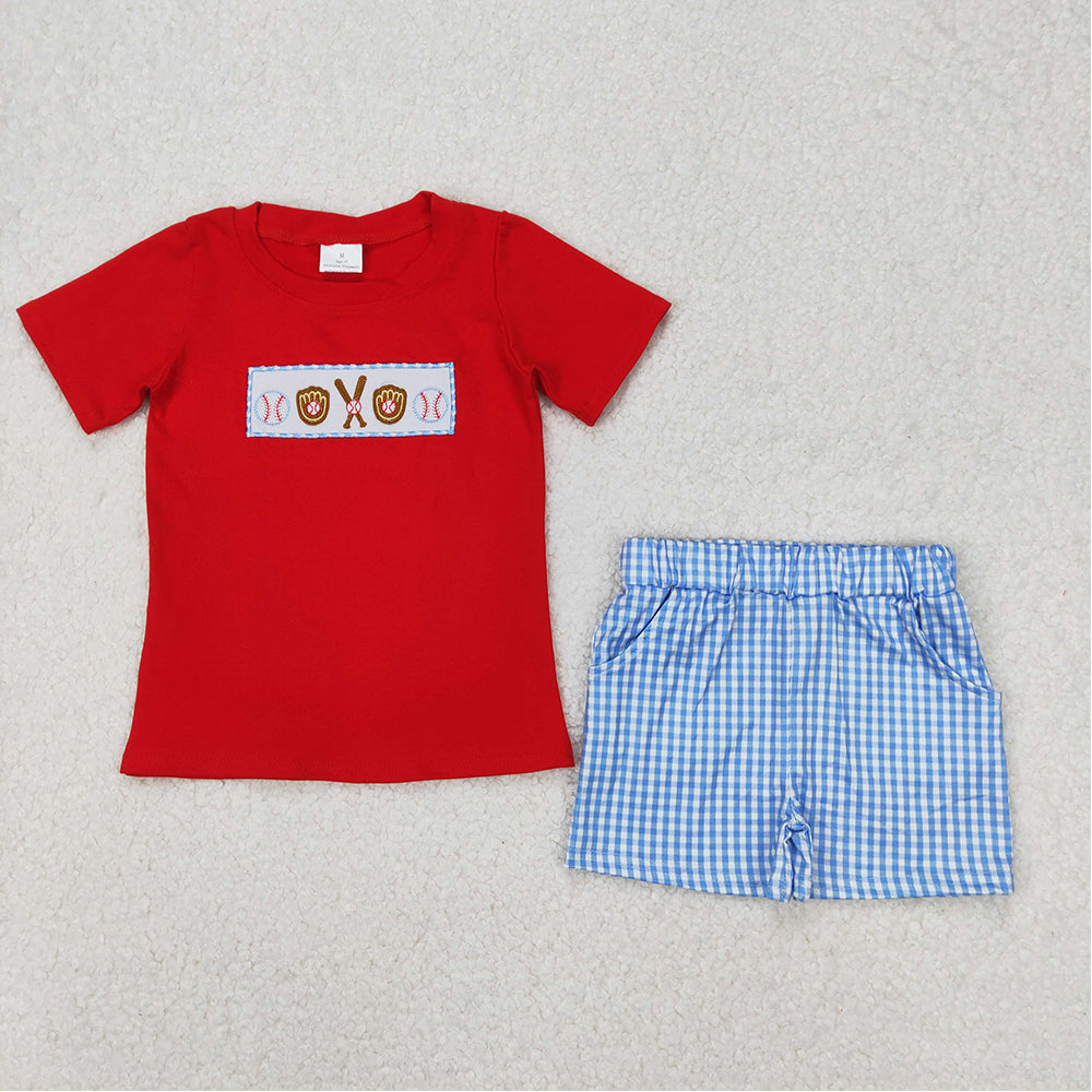 5.16  BSSO1283 RTS NO MOQ Red baseball top plaid shorts boys summer outfits