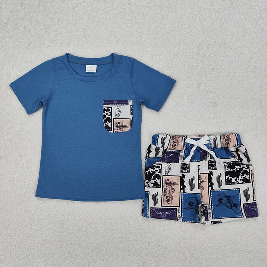 BSSO1286Short sleeves pocket top rodeo cactus shorts western boys clothes