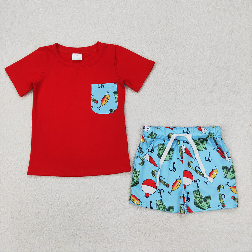 4.18 BSSO1289 RTS NO MOQ Red short sleeves pocket top fishing shorts boys clothes
