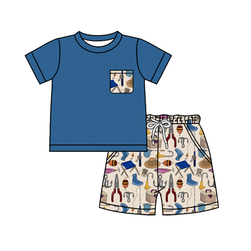 Baby Boys Hot Blue Short Sleeves Pocket Top Fishing Short Hunting Set