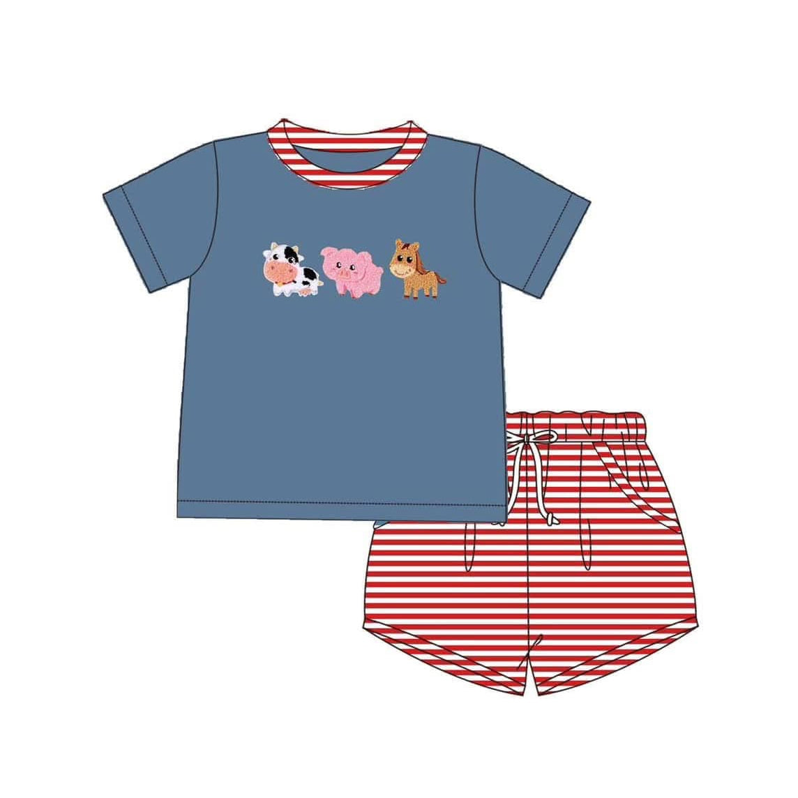Baby Boys Navy Short Sleeves Pig Cow Top Red Stripes Pockets Short Farm Set
