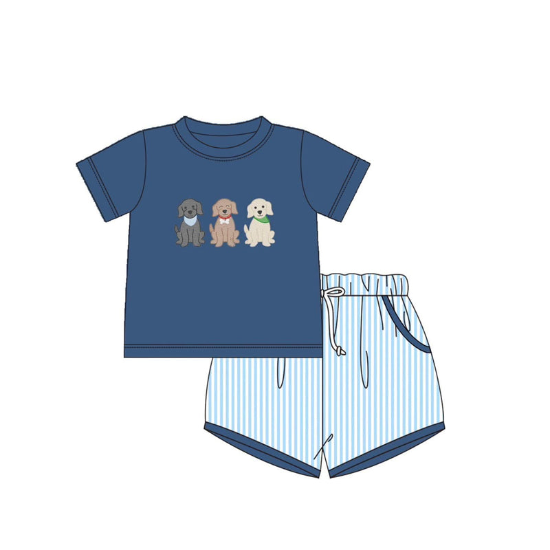 Baby Boys Navy Short Sleeves Dogs Top Light Blue Stripes Pockets Short Set