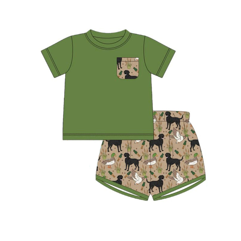 Baby Boys Green Short Sleeves Pocket Top Dogs Ducks Short Hunting Set