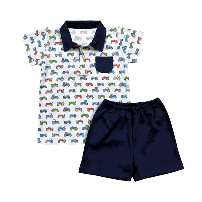 Baby Boys Short Sleeves Button Down Pocket Trucks Top Navy Short Farm Set