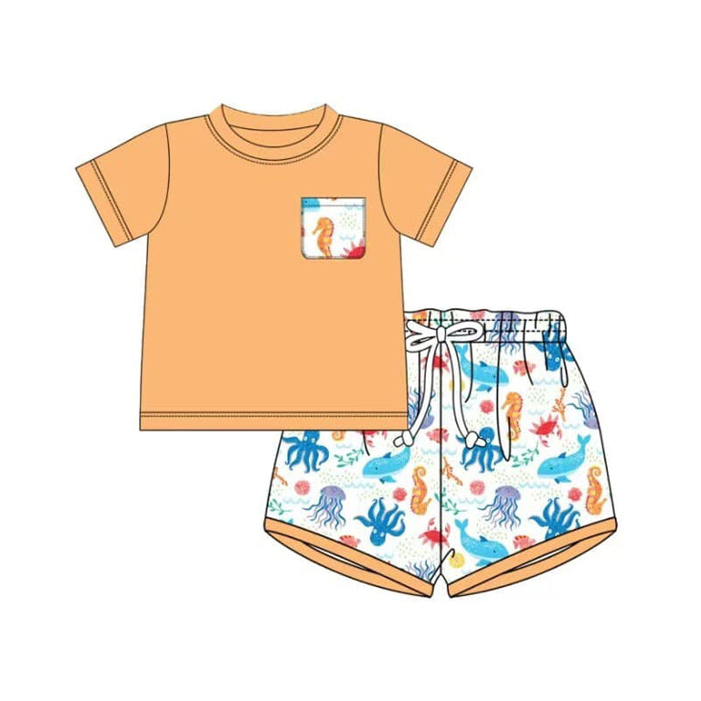 Baby Boys Orange Short Sleeves Pocket Top Sea World Short Set