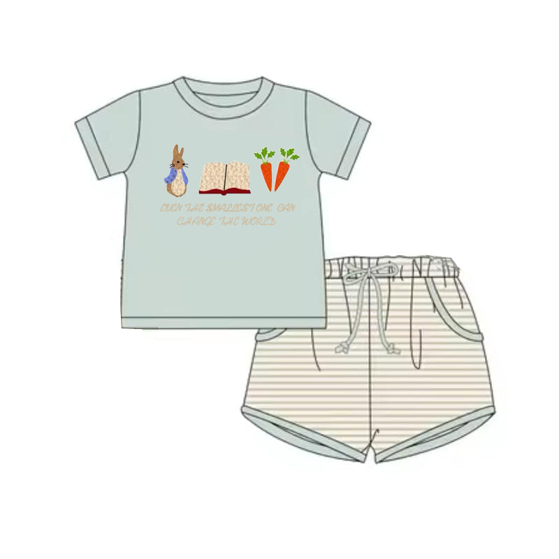 Baby Boys Aqua Short Sleeves Bunny Carrots Top Stripe Pockets Short Easter Set