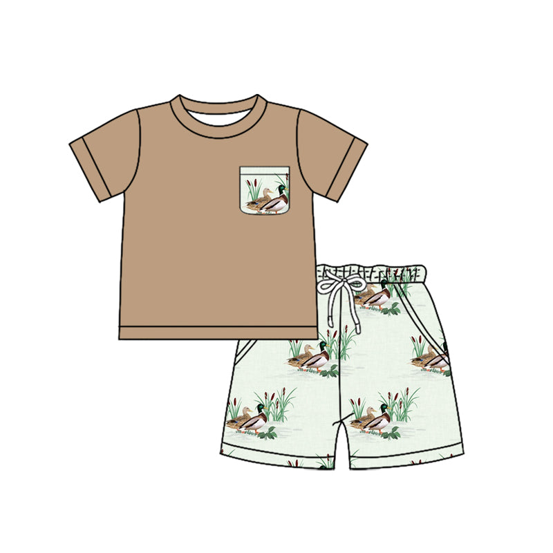 Baby Boys Brown Short Sleeves Pocket Top Ducks Shorts Set