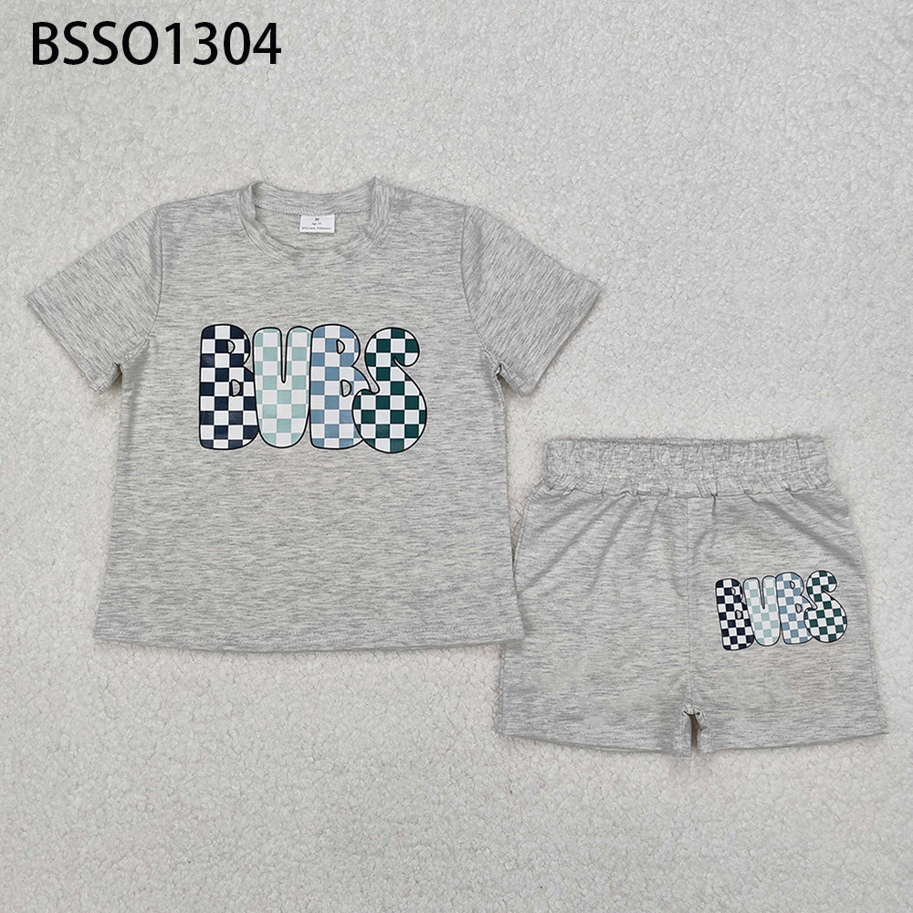 USA Shop (in stock) BSSO1304 Kids Boys Grey Plaid Short Sleeve Clothing Bubs Patterned Outfit for Children