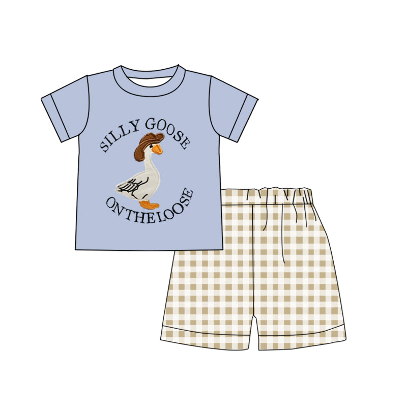 BSSO1305Silly Goose on the Loose Plaid Shorts Top Set Boys Clothing Outfit Casual Kids Fashion
