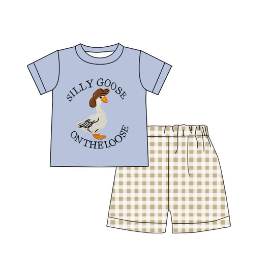 BSSO1305Silly Goose on the Loose Plaid Shorts Top Set Boys Clothing Outfit Casual Kids Fashion