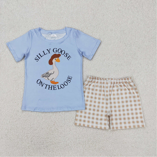 4.25 BSSO1305 RTS NO MOQ Silly goose on the loose top plaid shorts boys clothes