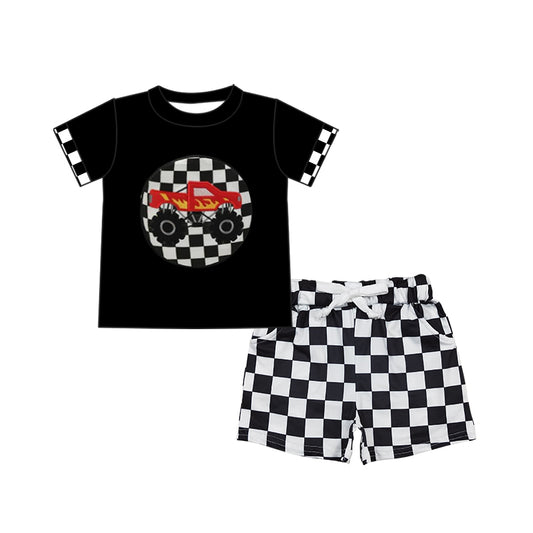 BSSO1306Boys Black Plaid Truck Top Shorts Set Short Sleeves Classic Preppy School Uniform Children Outfits Clothing