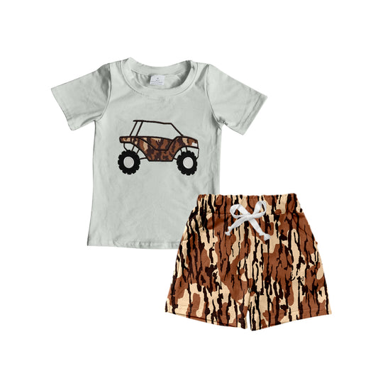 BSSO1308Boys Camouflage Truck Print Shorts Brown Bottomland Design Top Clothing for Kids