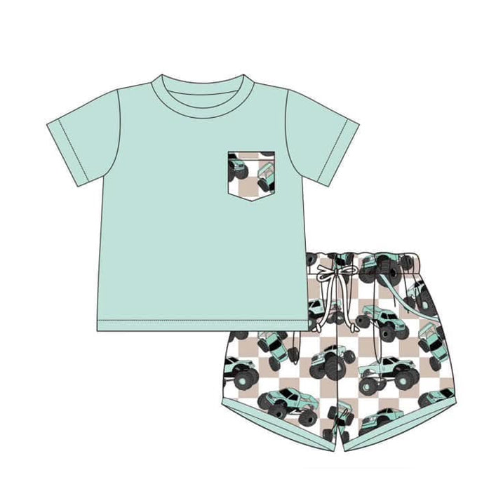 Boys Plaid Shorts Sleeve Pocket Top Trucks Pattern Children's Clothing Set Short Length Shirt Outfit for Kids