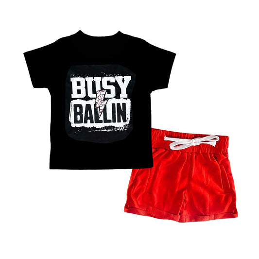 BSSO1318Black Busy Ballin' Baseball Top with Red Shorts Set for Boys Casual Sports Outfit Combination