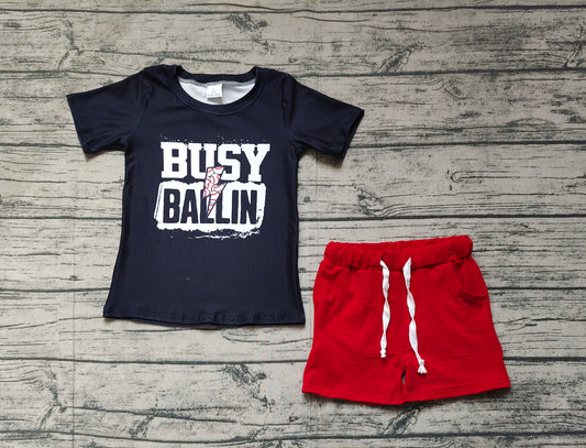 BSSO1318Black Busy Ballin' Baseball Top with Red Shorts Set for Boys Fashionable Sports Outfit Combination